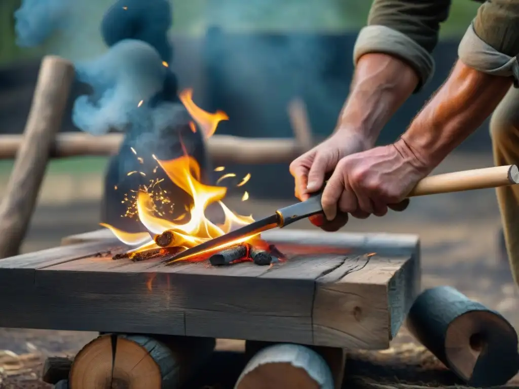 Expertos en métodos para encender fuego utilizando el arco de perforación, generando chispas en un entorno desafiante al aire libre