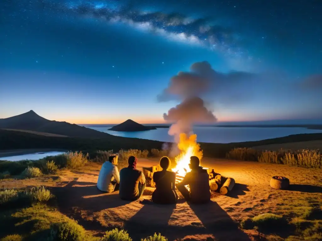 Exploración de camping económico en Uruguay: Diversos viajeros alrededor de fogata bajo cielo estrellado en la vasta naturaleza