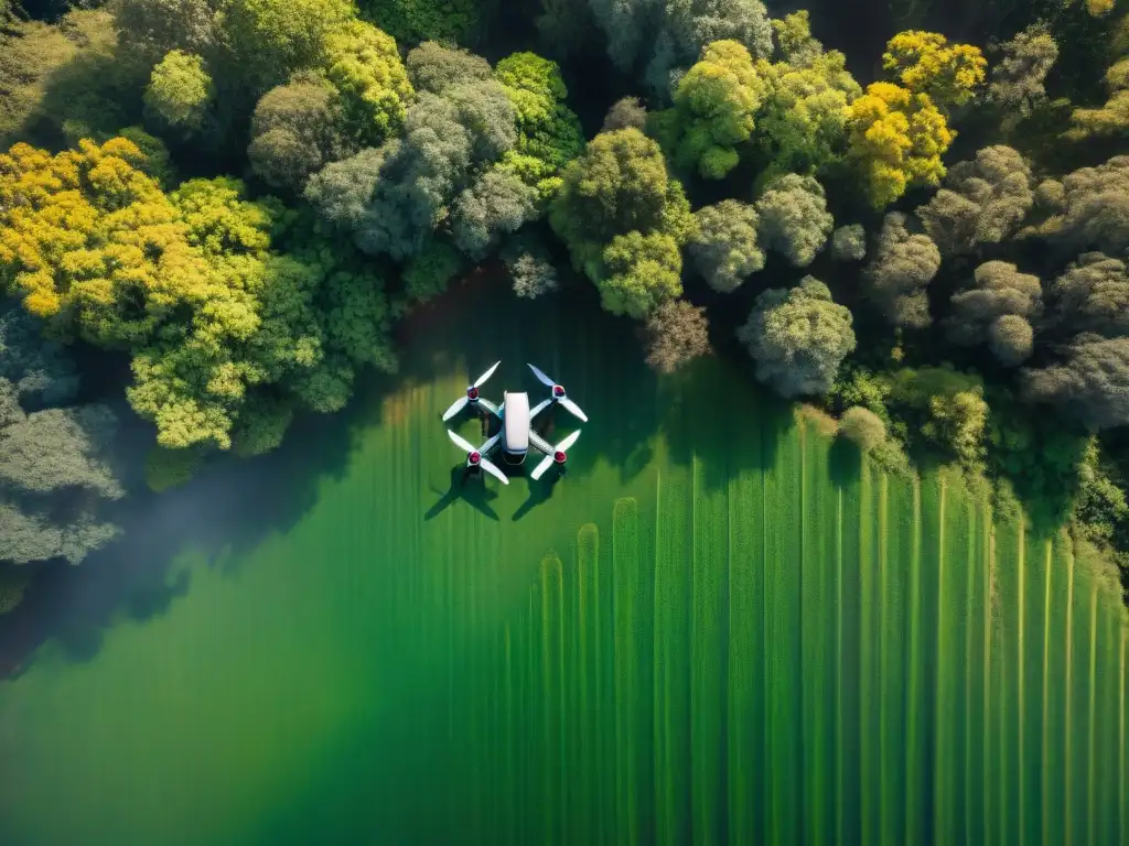 Exploración segura en Uruguay: drone sobre selva verde, resaltando belleza natural y uso responsable de tecnología