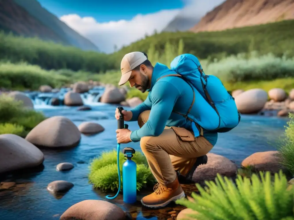 Explorador purificando agua en arroyo de montaña, técnicas de purificación de agua en camping