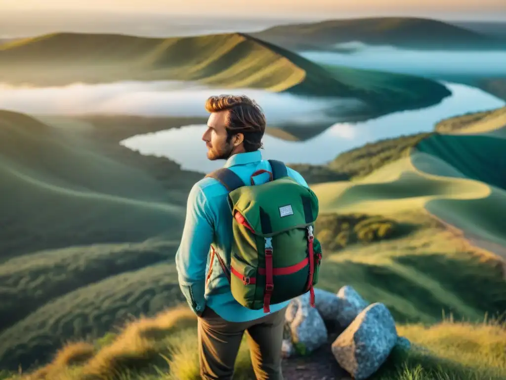 Un explorador contempla la belleza natural de Uruguay con su mochila técnica para camping en la espalda