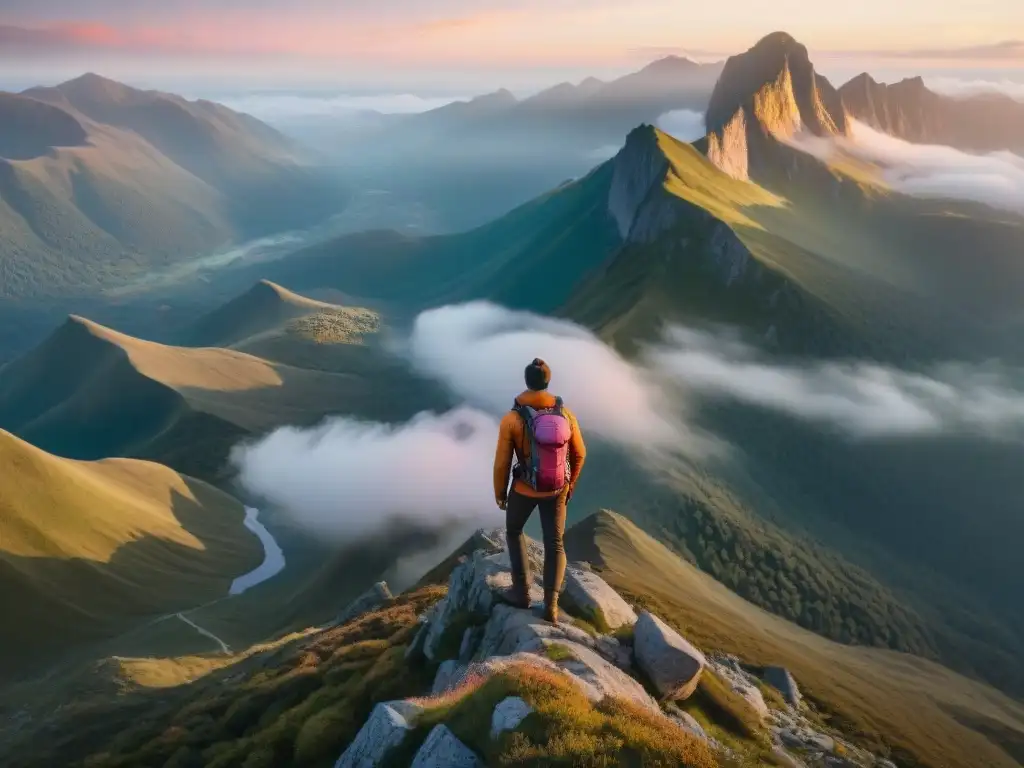 Un explorador en la cima de la montaña al atardecer con mochila y GPS