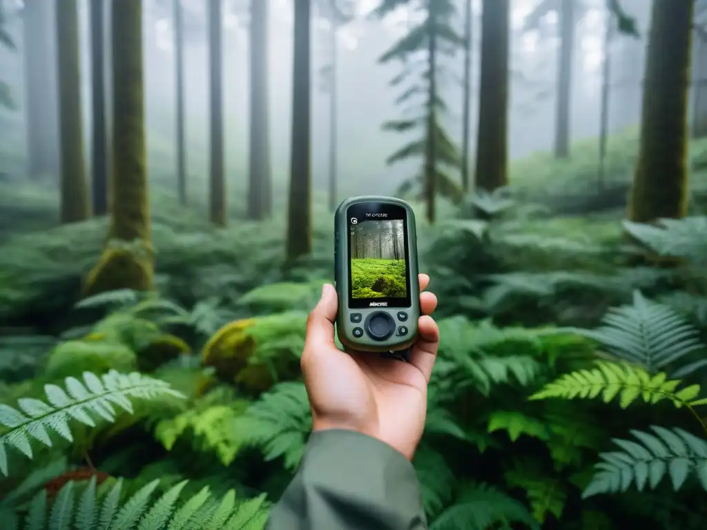 Explorador usando GPS de mano en un bosque verde con rayos de sol filtrándose entre los árboles