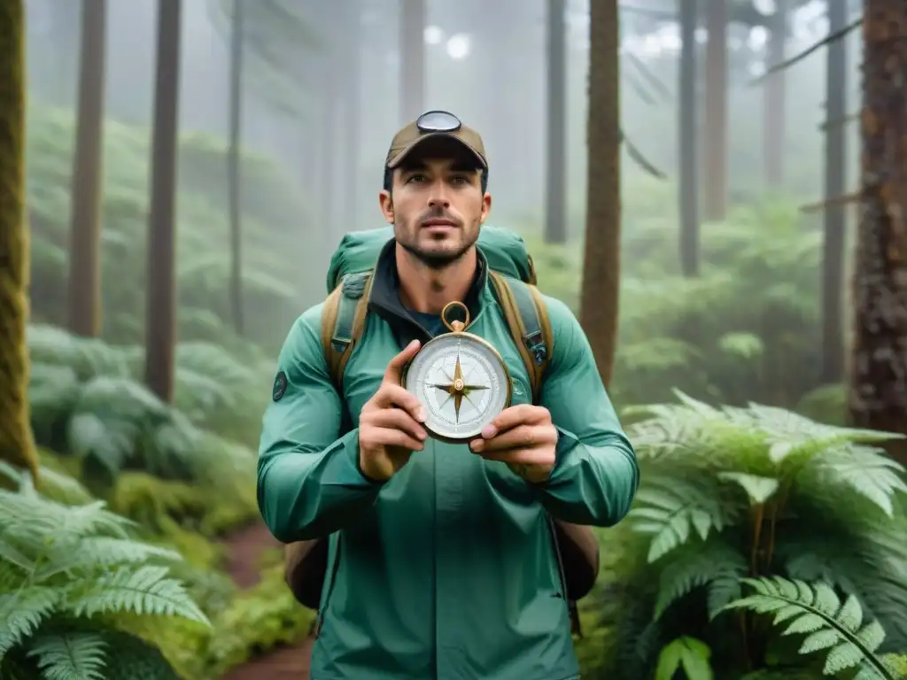 Explorador con mapa topográfico y brújula en bosque de Uruguay