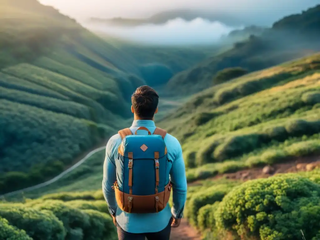 Explorador con la mejor mochila técnica y soporte lumbar, en paisajes de Uruguay