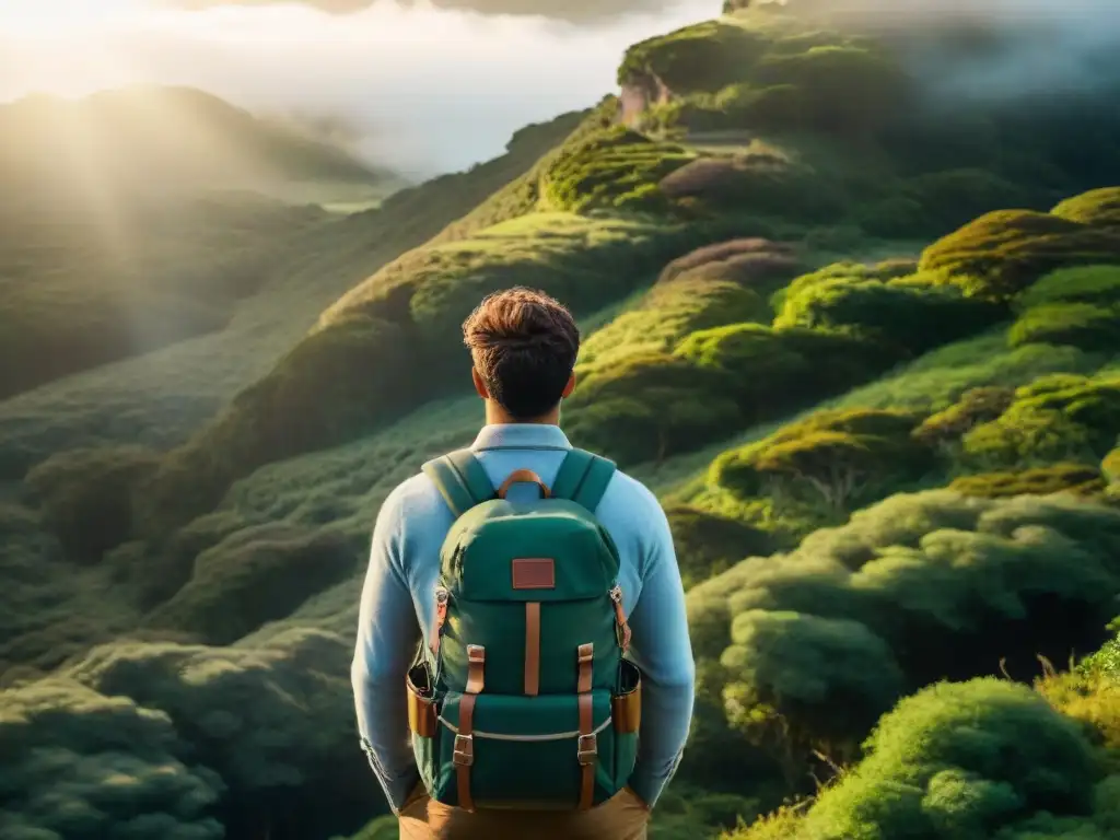 Explorador con mochila técnica en un bosque de Uruguay