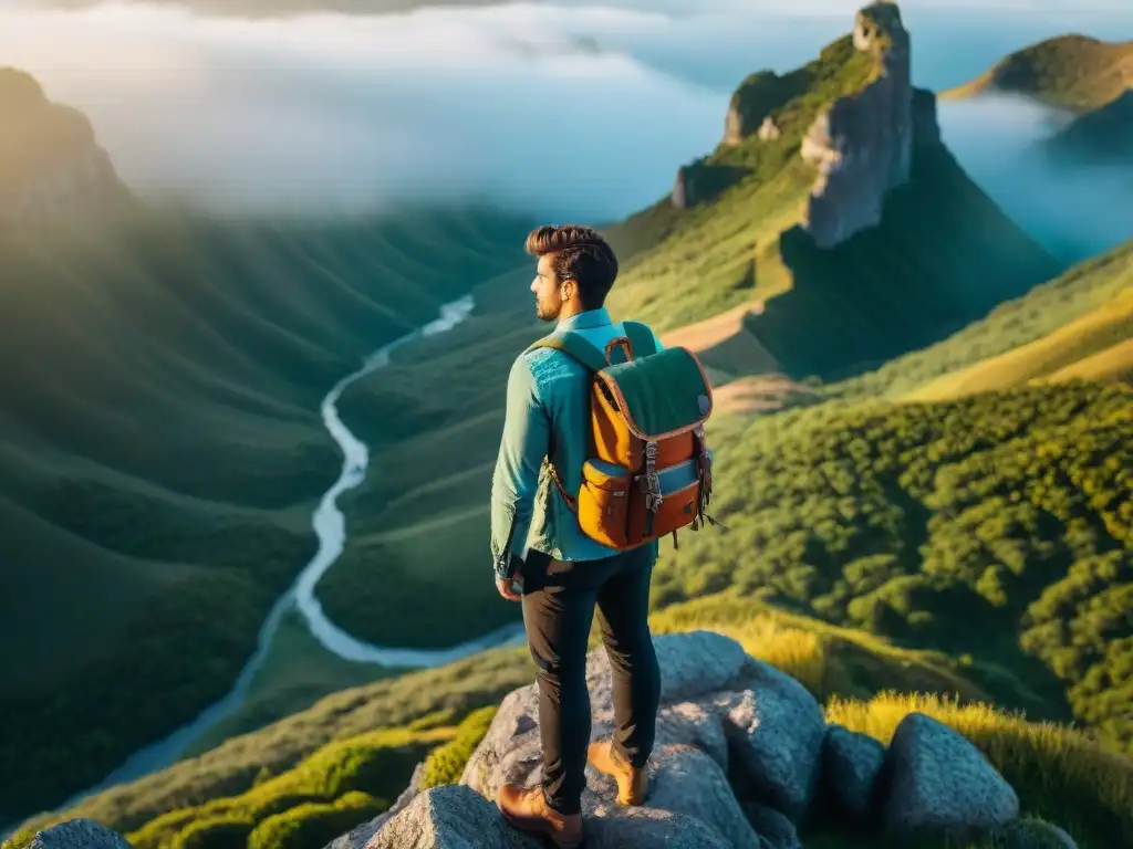 Un explorador con mochila técnica admira el paisaje de Uruguay desde un acantilado