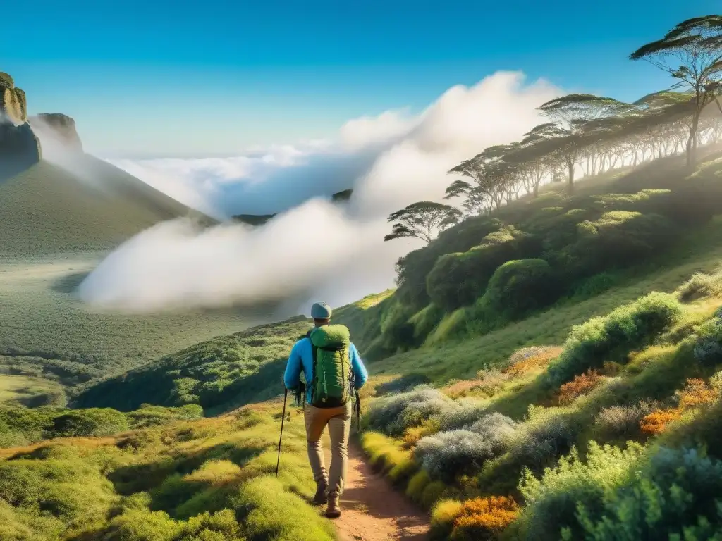 Explorador con mochila ultraligera recorriendo paisajes de Uruguay