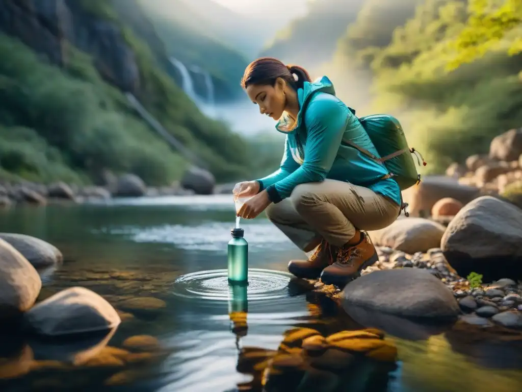 Un explorador en plena naturaleza filtrando agua de un arroyo en camping