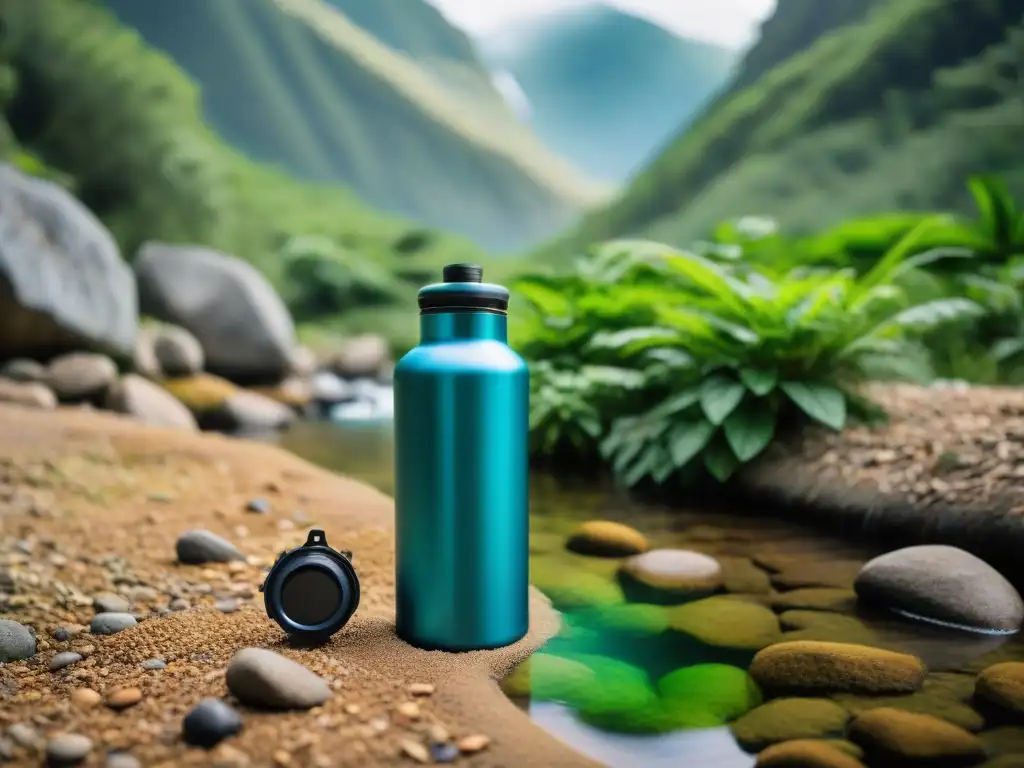 Explorador purificador agua portátil casero en la naturaleza exuberante