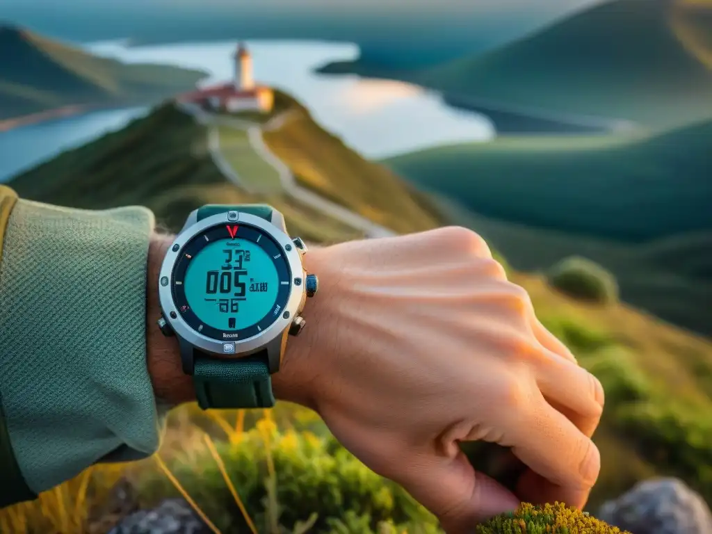 Explorador con reloj GPS en paisaje uruguayo, destacando funcionalidad para camping y hiking