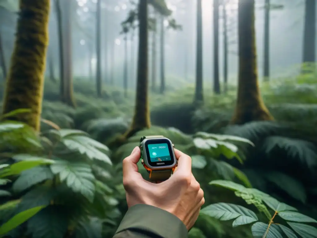 Explorador con reloj inteligente en un bosque, mostrando datos de supervivencia