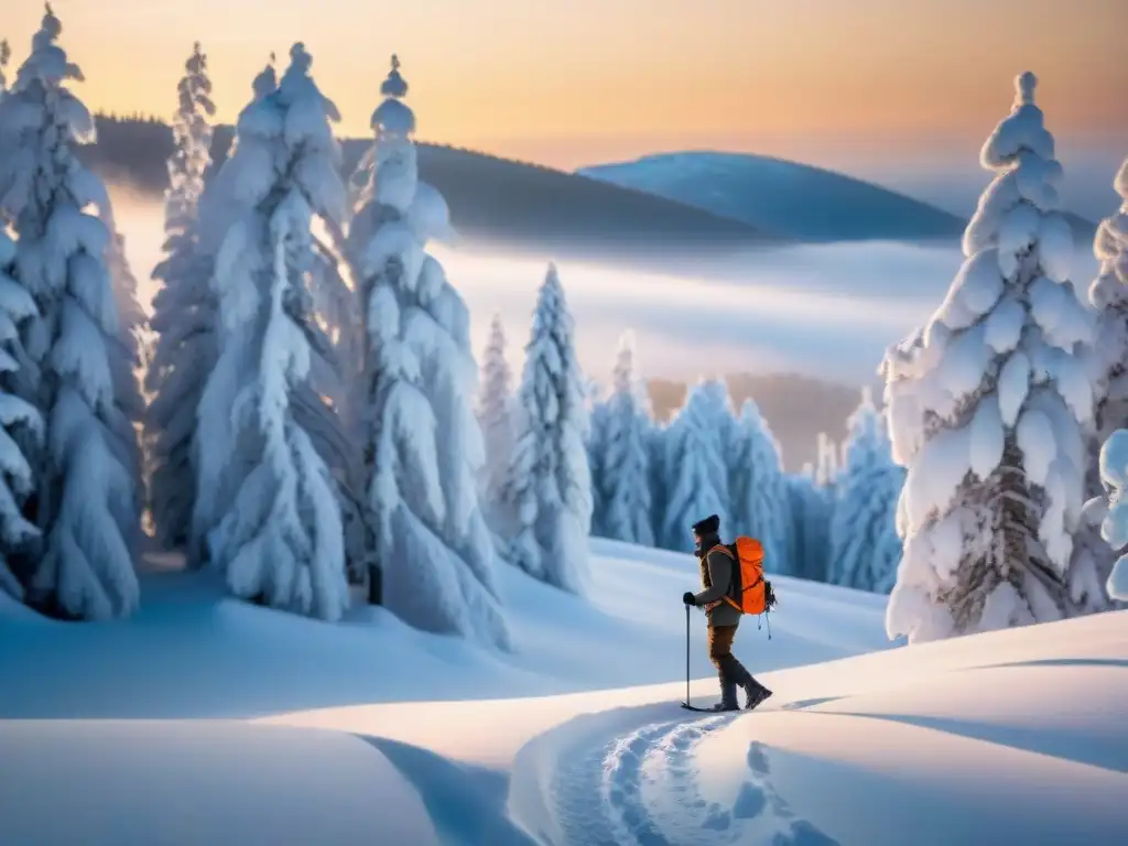 Un explorador solitario atraviesa un paisaje nevado al atardecer en Uruguay, transmitiendo supervivencia en invierno camping