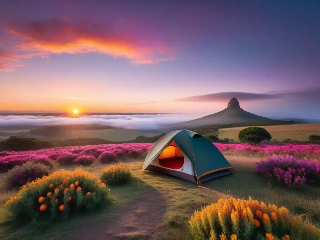 Explorador montando tienda al atardecer en la impresionante naturaleza de Uruguay