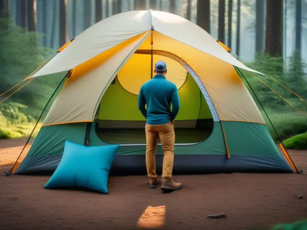 Explorador cuidando tienda campaña alta gama en el bosque sereno