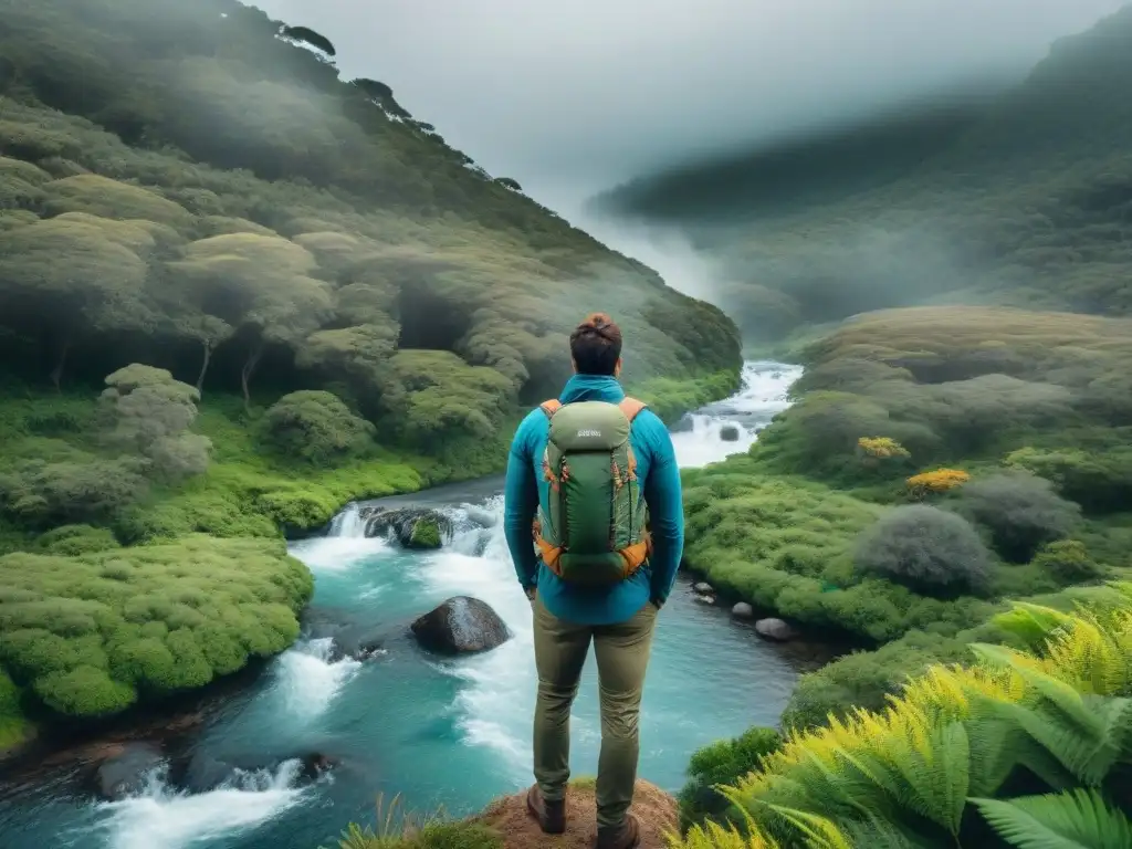 Explorador en bosque uruguayo con mochila técnica para camping, junto a arroyo cristalino