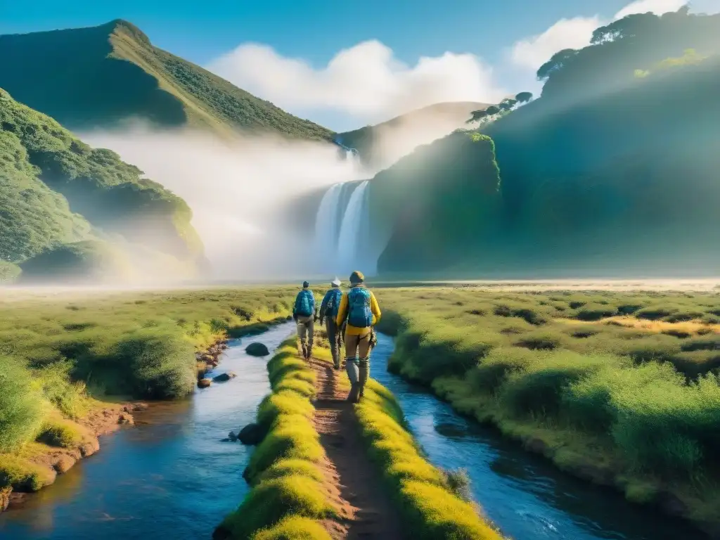 Exploradores cruzando un arroyo cristalino en el exuberante paisaje de Uruguay con los mejores filtros de agua portátiles