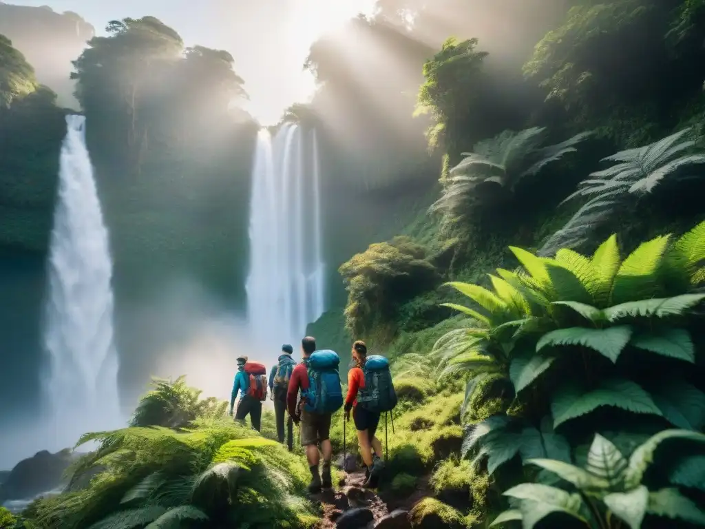 Exploradores recorriendo bosque en Uruguay, con cascada y luz filtrándose