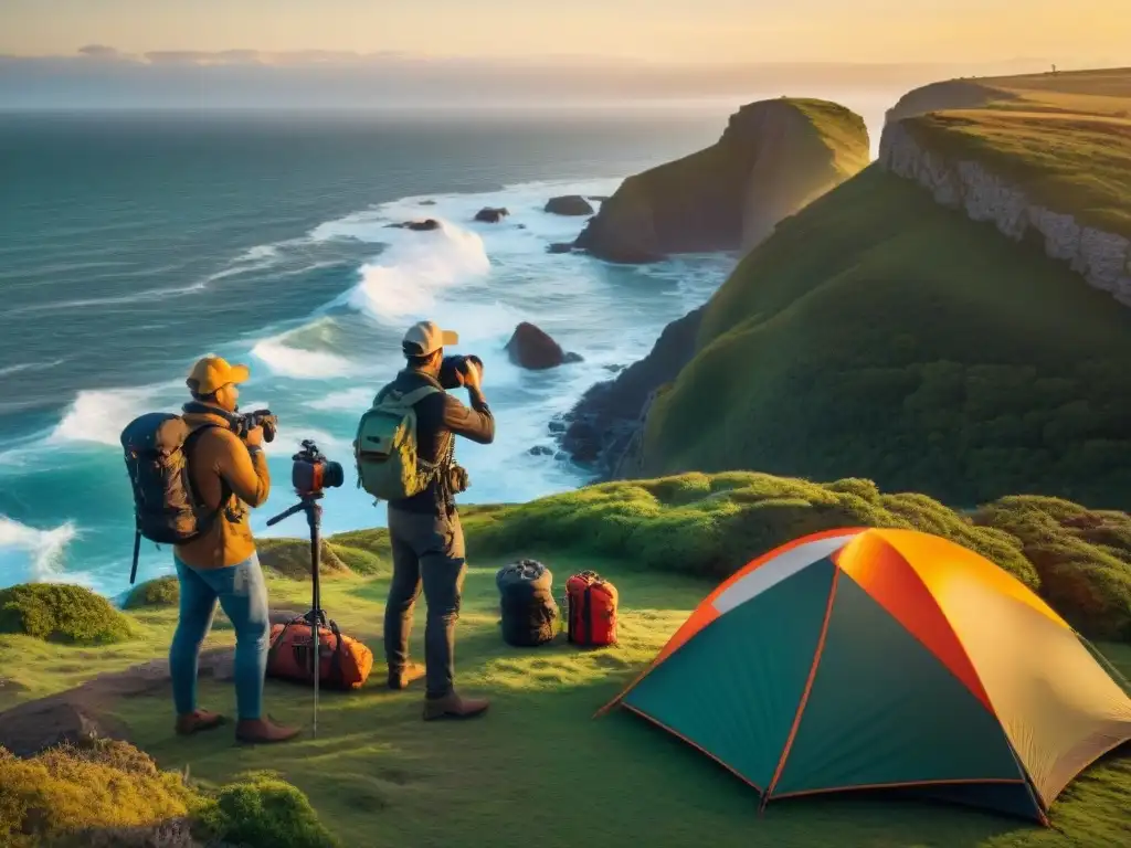 Exploradores preparando cámaras con GPS para camping en Uruguay al atardecer