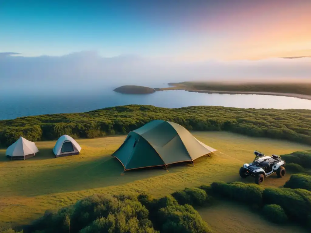 Exploradores preparando campamento al atardecer en Uruguay con drone y normativas drones Uruguay camping