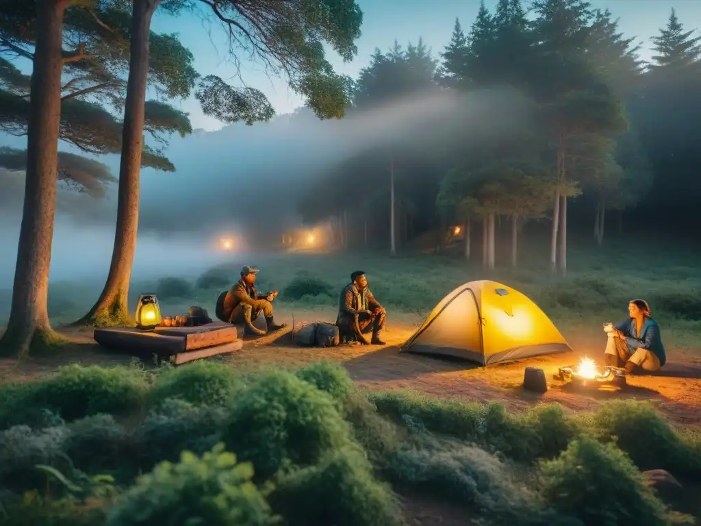 Exploradores montan campamento al atardecer en Uruguay con linternas, creando una atmósfera aventurera