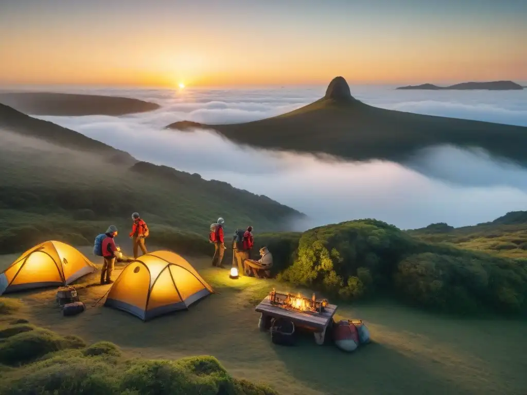 Exploradores montan campamento en la exuberante naturaleza de Uruguay, iluminados por linternas en el atardecer dorado