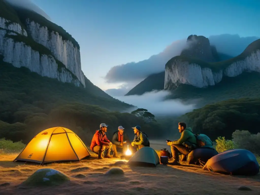 Exploradores preparando campamento en la exuberante naturaleza de Uruguay al anochecer, iluminados por linternas camping