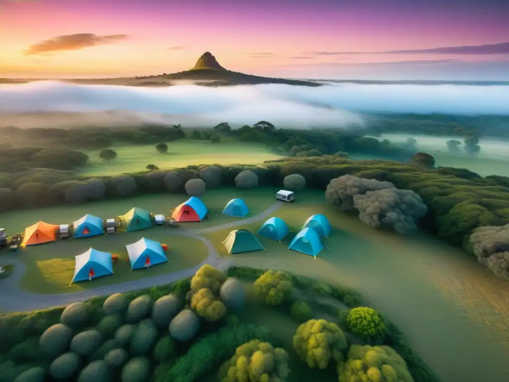 Exploradores disfrutan del camping en Uruguay con GPS, tiendas de colores y fogatas bajo un atardecer vibrante