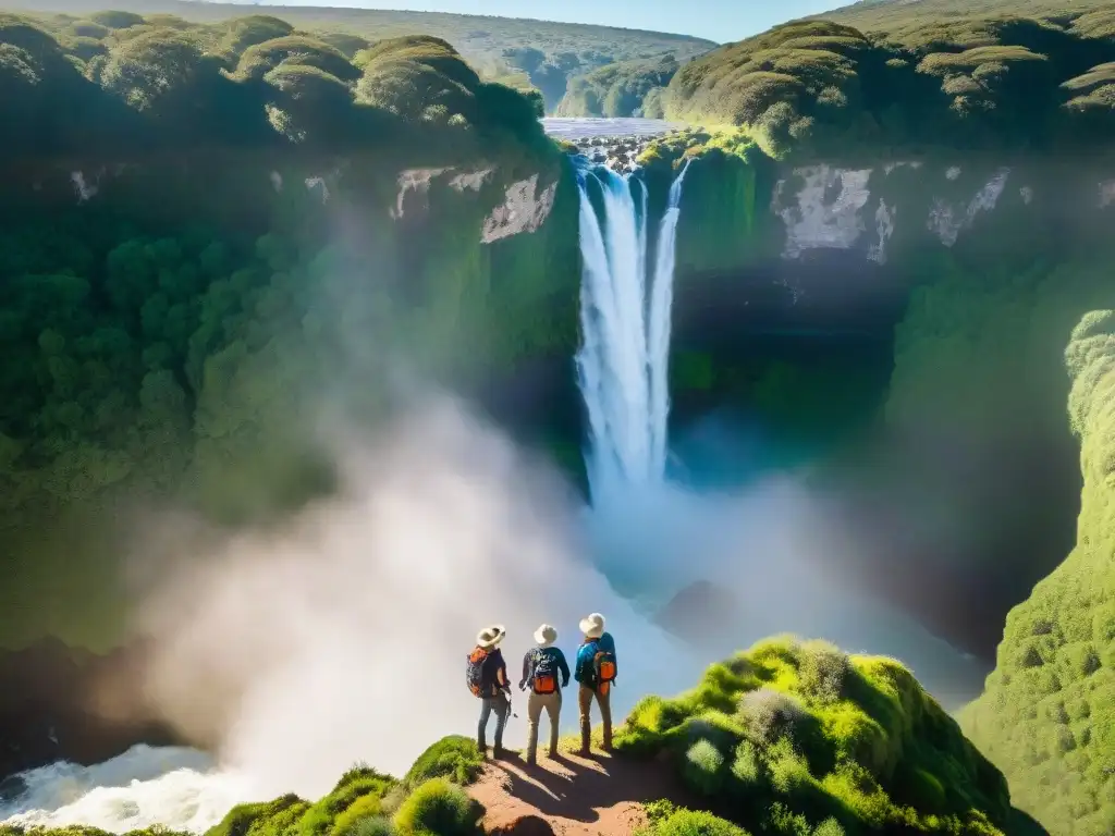 Exploradores admirando cascada en cañón uruguayo