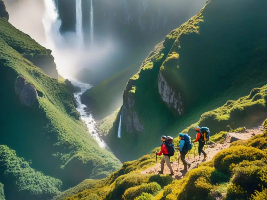 Exploradores en Cerro Catedral, Uruguay, rodeados de exuberante naturaleza y cascada, reflejando destinos de aventura en Uruguay