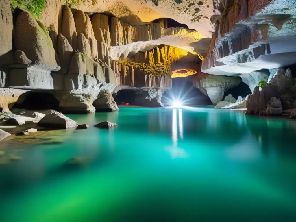 Exploradores en cueva subterránea en Uruguay iluminados por lámparas frontales, con paquetes de aventura en Uruguay