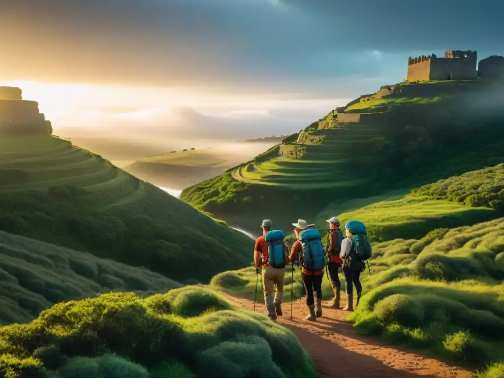 Exploradores fascinados admirando los paisajes de Uruguay al atardecer