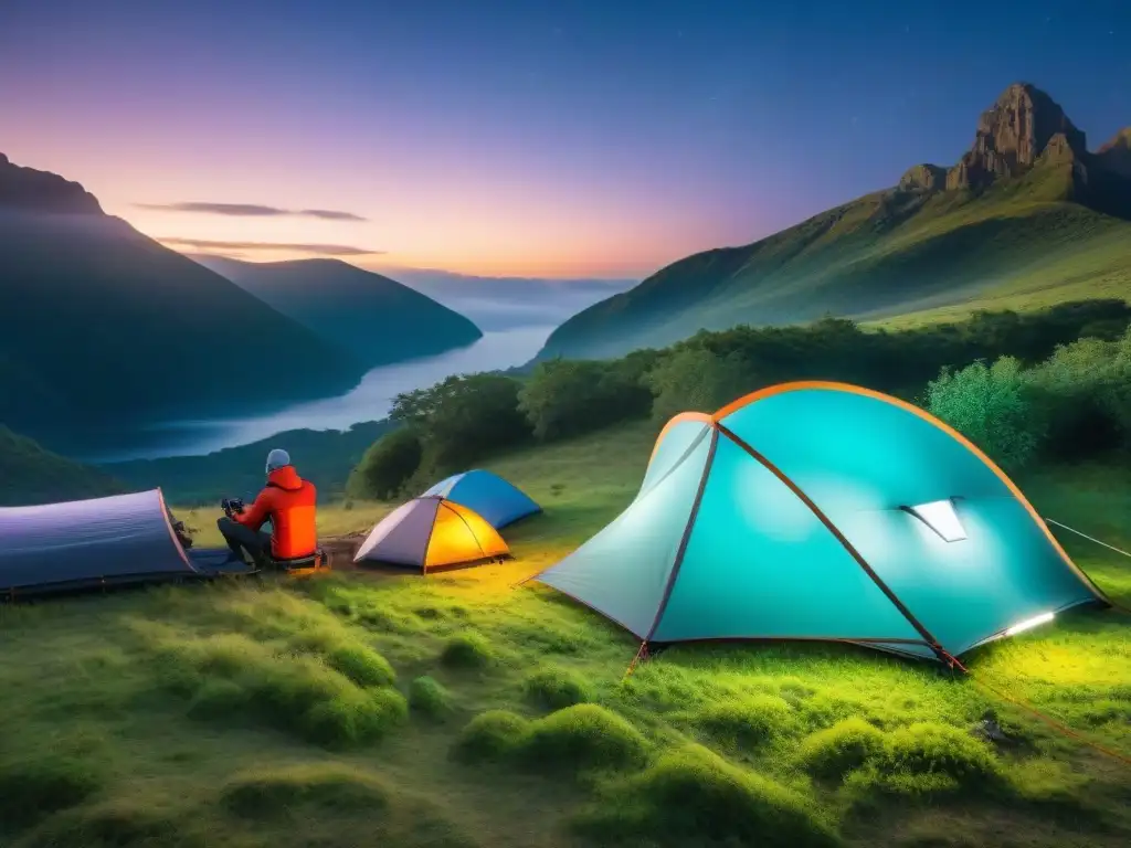 Exploradores disfrutan de innovaciones en ropa de camping en un entorno natural y tecnológico