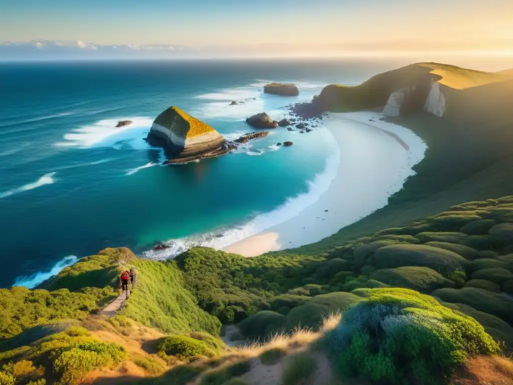 Exploradores recorren sendero costero en Parque Nacional Santa Teresa, Uruguay, bajo la cálida luz del atardecer