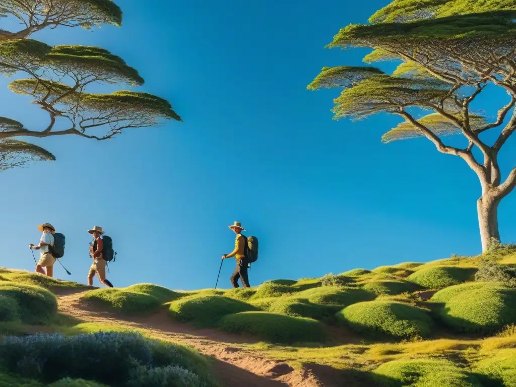 Exploradores con sombreros y protección solar en Uruguay, bajo un cielo azul y paisajes verdes