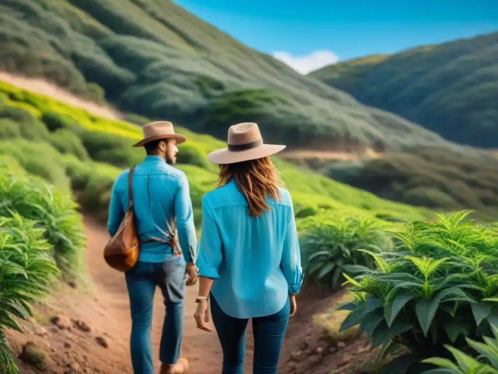 Exploradores con sombreros y protección solar en paisajes de Uruguay