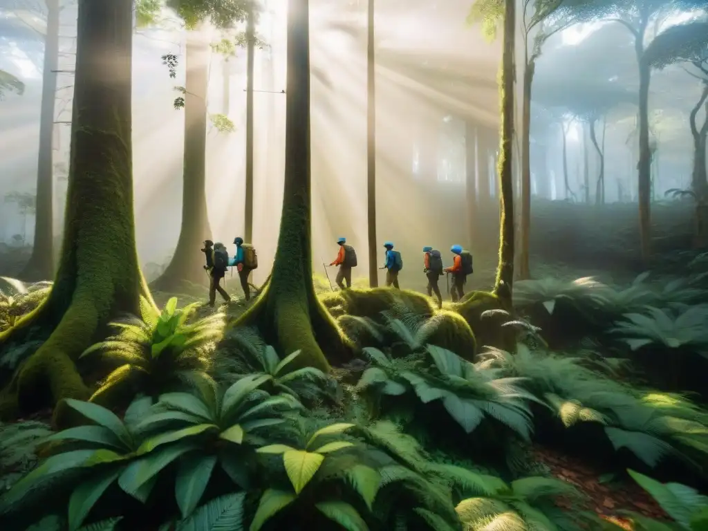 Exploradores utilizando técnicas de orientación en selva, navegando por exuberante vegetación y árboles altos en Uruguay