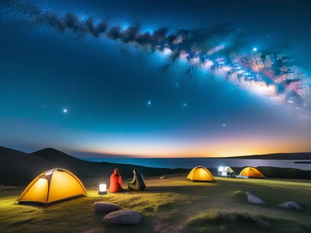 Exploradores preparando sus telescopios bajo el cielo estrellado en Uruguay, uno de los mejores destinos de acampada