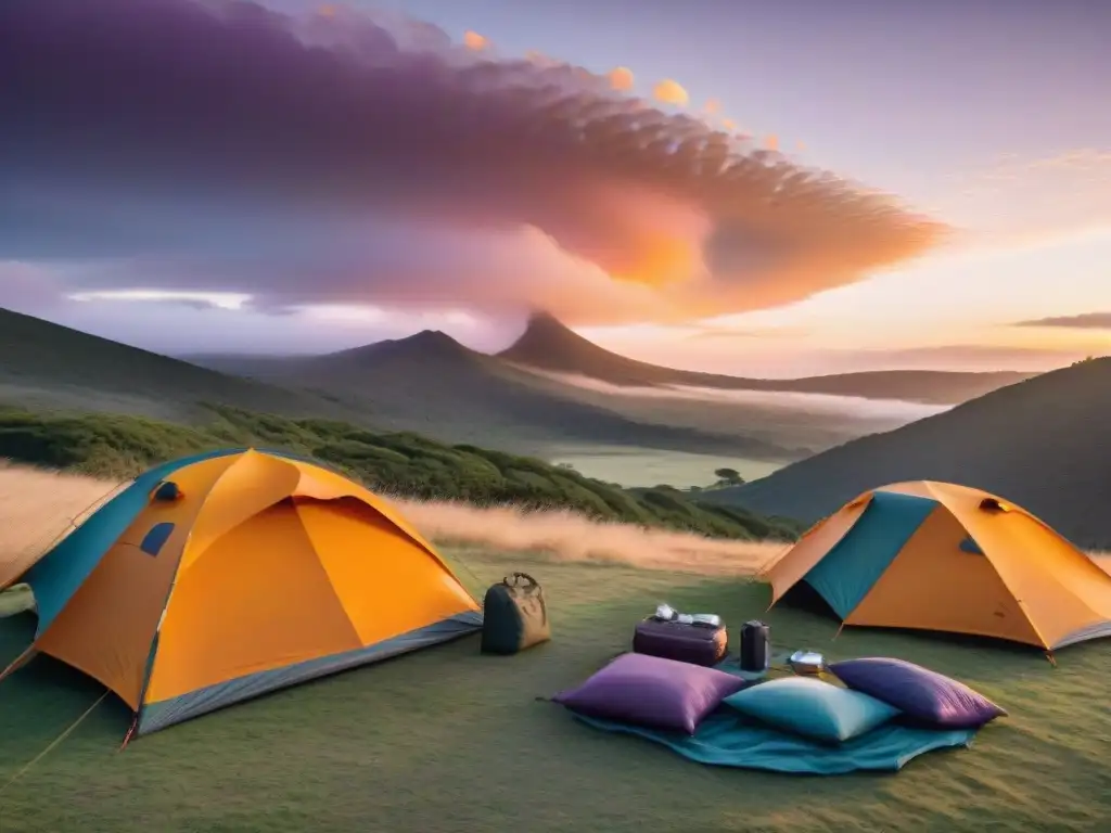 Exploradores montan tiendas al atardecer en un camping en Uruguay