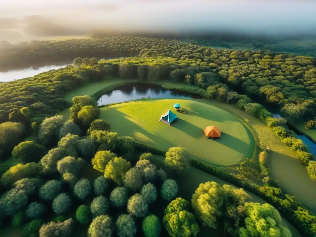 Exploradores preparando tiendas de campaña en un campamento en Uruguay, con un dron sobrevolando el paisaje verde