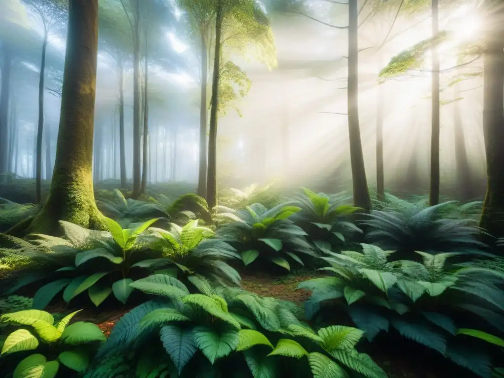 Fotografía de un exuberante bosque en Uruguay, con luz solar filtrándose entre el dosel y sombras en el suelo del bosque