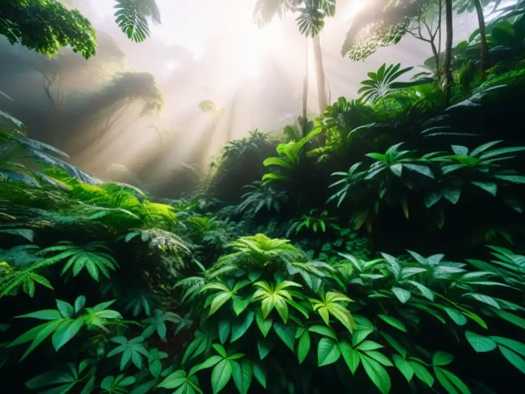 Exuberante dosel de selva con luz filtrándose entre la densa vegetación, reflejando técnicas de orientación en selva