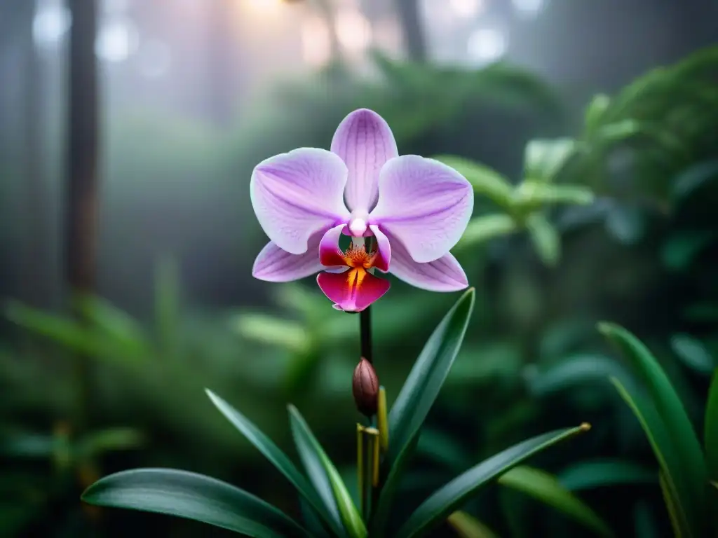 Una exuberante orquídea nativa de Uruguay en un claro oculto del bosque, revelando sus detalles y colores vibrantes