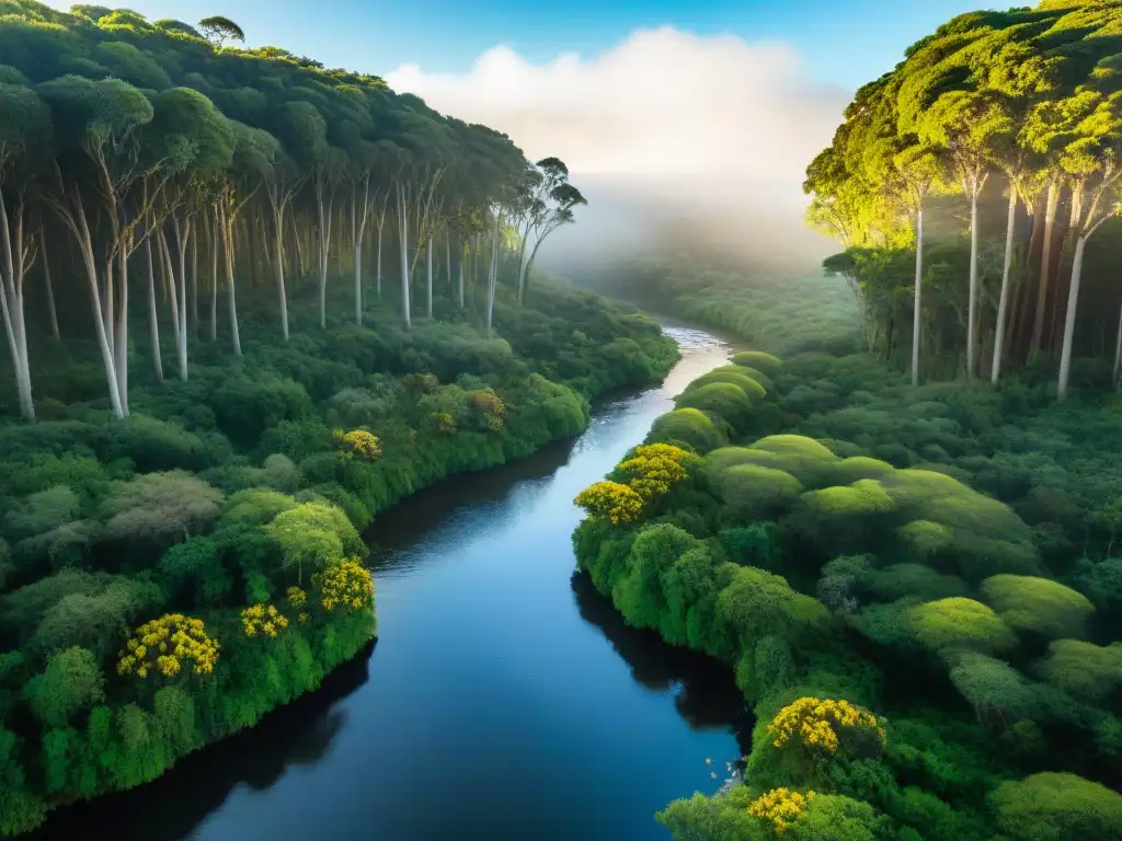 Una exuberante selva en Uruguay con diversa flora y fauna nativa, aves coloridas y un arroyo sereno