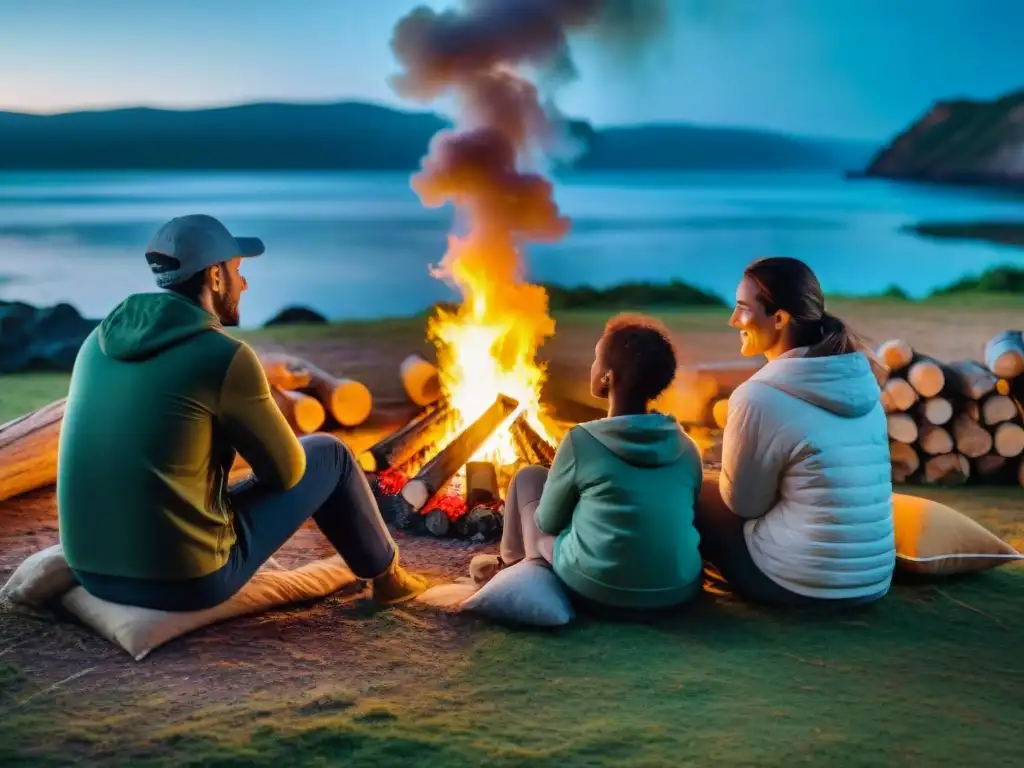 Familia disfrutando de actividades nocturnas en un camping de Uruguay, bajo las estrellas