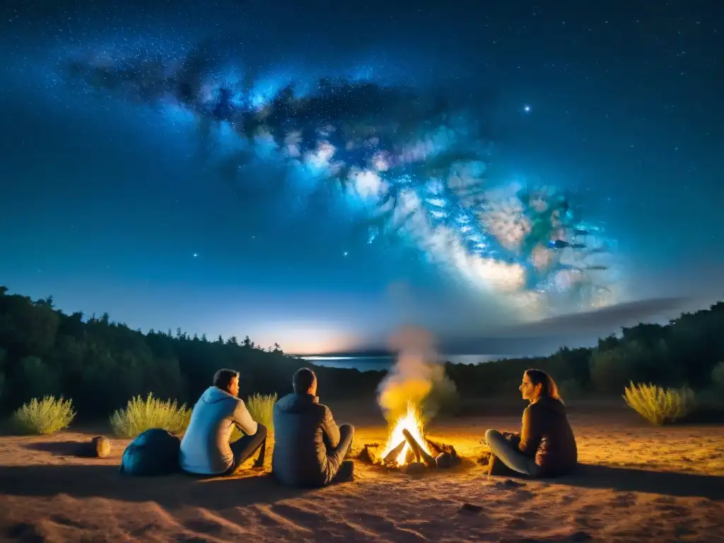 Familia disfrutando de actividades nocturnas de camping en Uruguay bajo el cielo estrellado