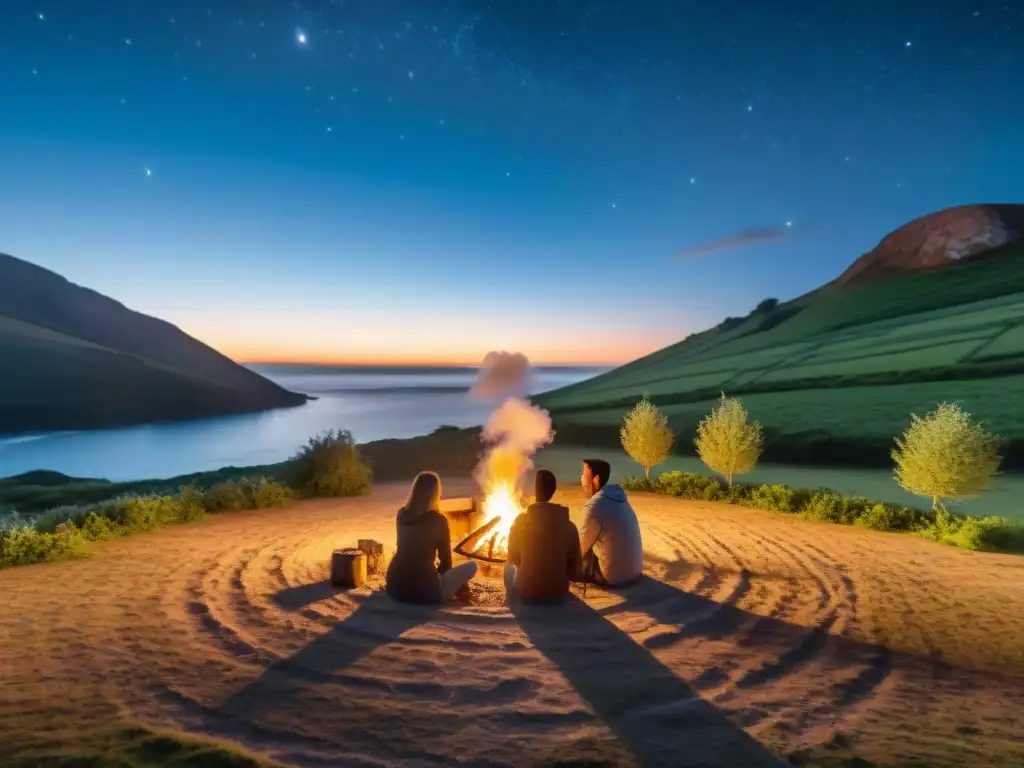 Familia disfrutando de actividades nocturnas de camping en Uruguay, alrededor de fogata bajo estrellas