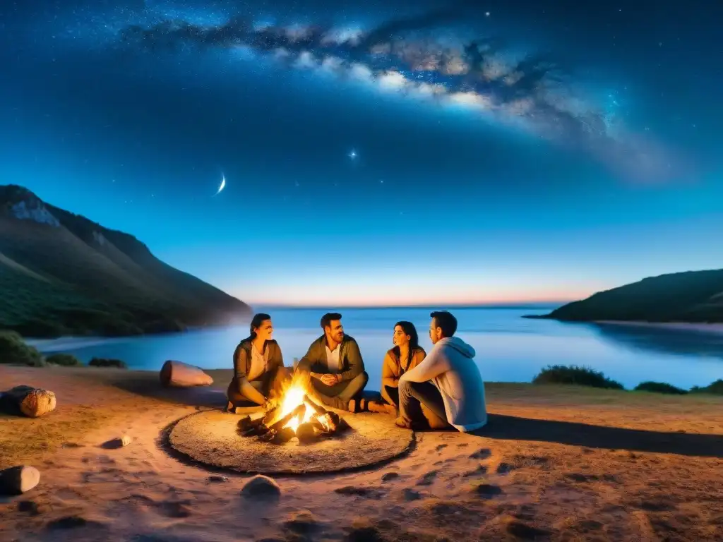 Una familia disfruta de actividades nocturnas de camping en Uruguay junto a una hoguera bajo las estrellas