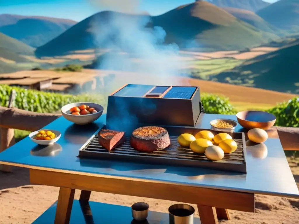 Familia preparando asado en cocina solar al aire libre en Uruguay