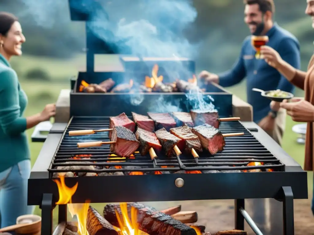 Familia disfrutando de un asado uruguayo en un camping, rodeados de naturaleza